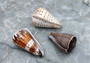 Large Cone Seashell Assortment (3 shells approx. 2-3 inches). Three brown and white shells with different patterns but mainly the same spiral shape. Copyright 2022 SeaShellSupply.com.