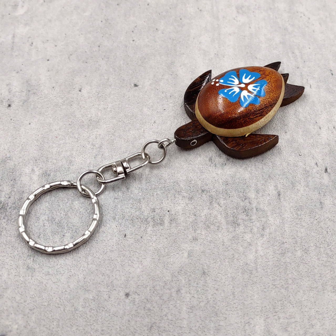 Blue Hibiscus Painted Wooden Sea Turtle Keychain (1 keychain