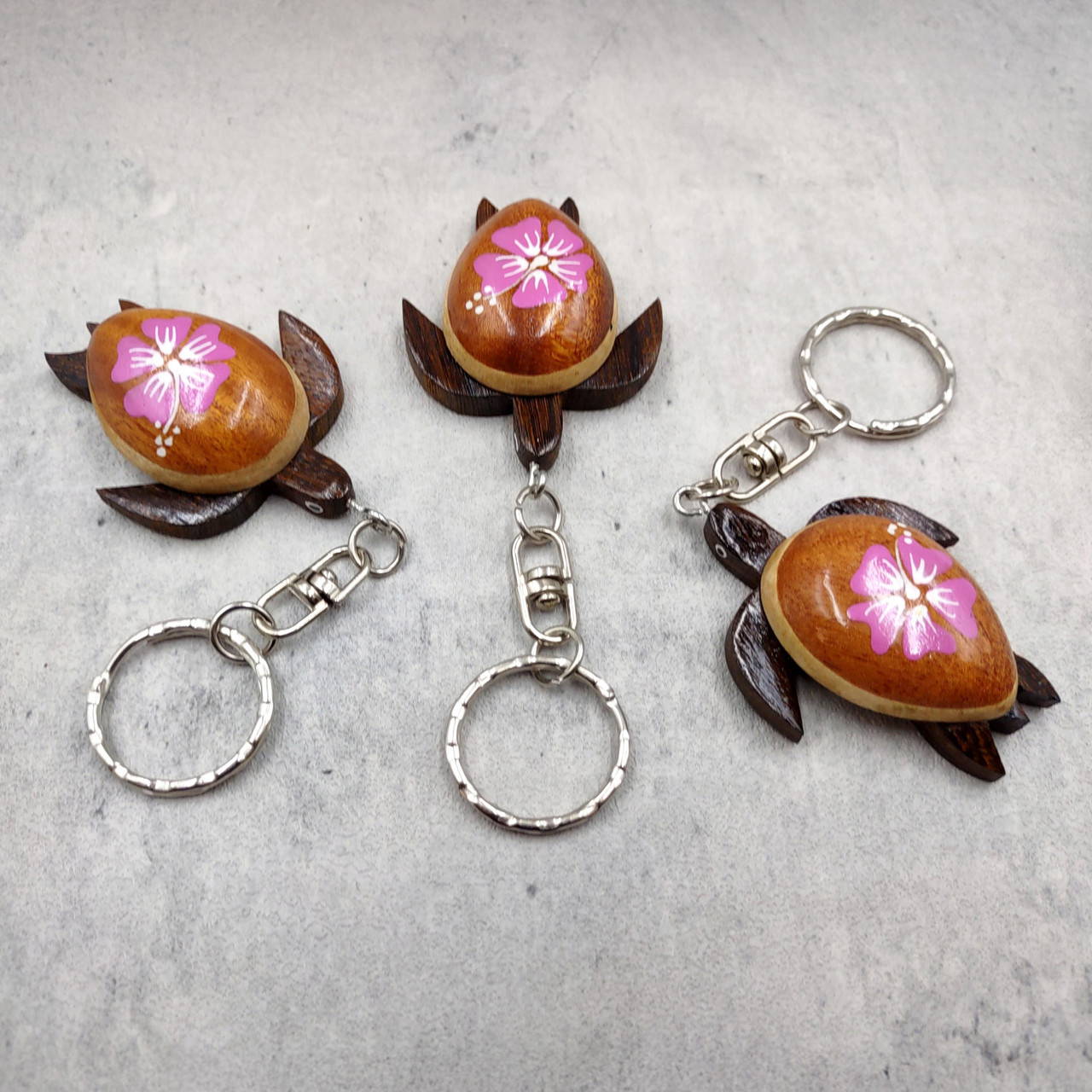 Pink Hibiscus Painted Wooden Sea Turtle Keychain (1 keychain