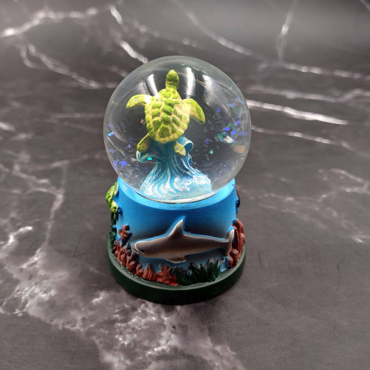 Small Sea Turtle Water Globe with Dolphin and Coral Base (1 globe