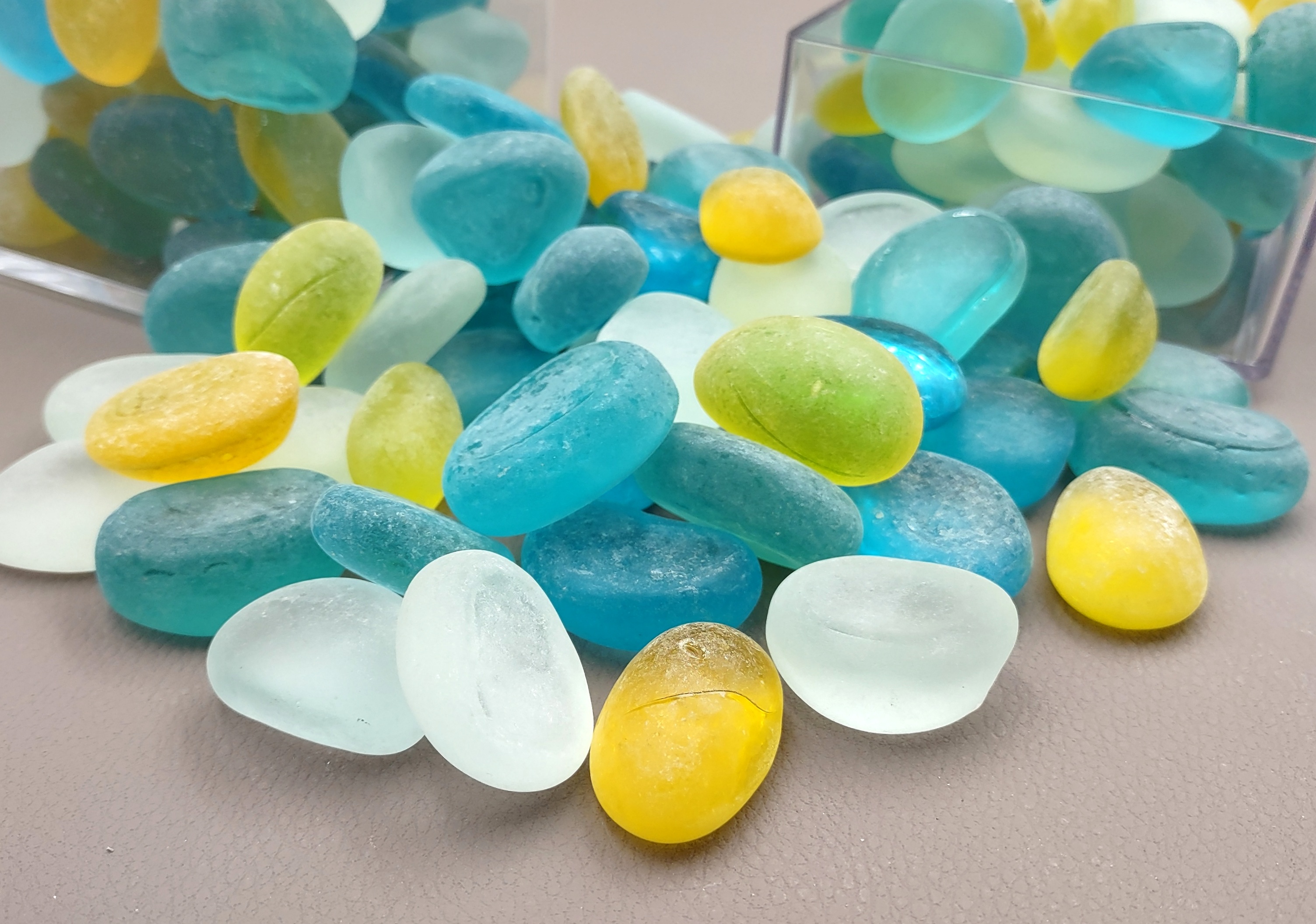 Beach Sea Glass Rounded Blue Yellow White Assorted Pebbles (approx. 1  Kilogram or 2.2 lbs. 1-1.5 inches) Man Made Tumbled Frosted Glass!