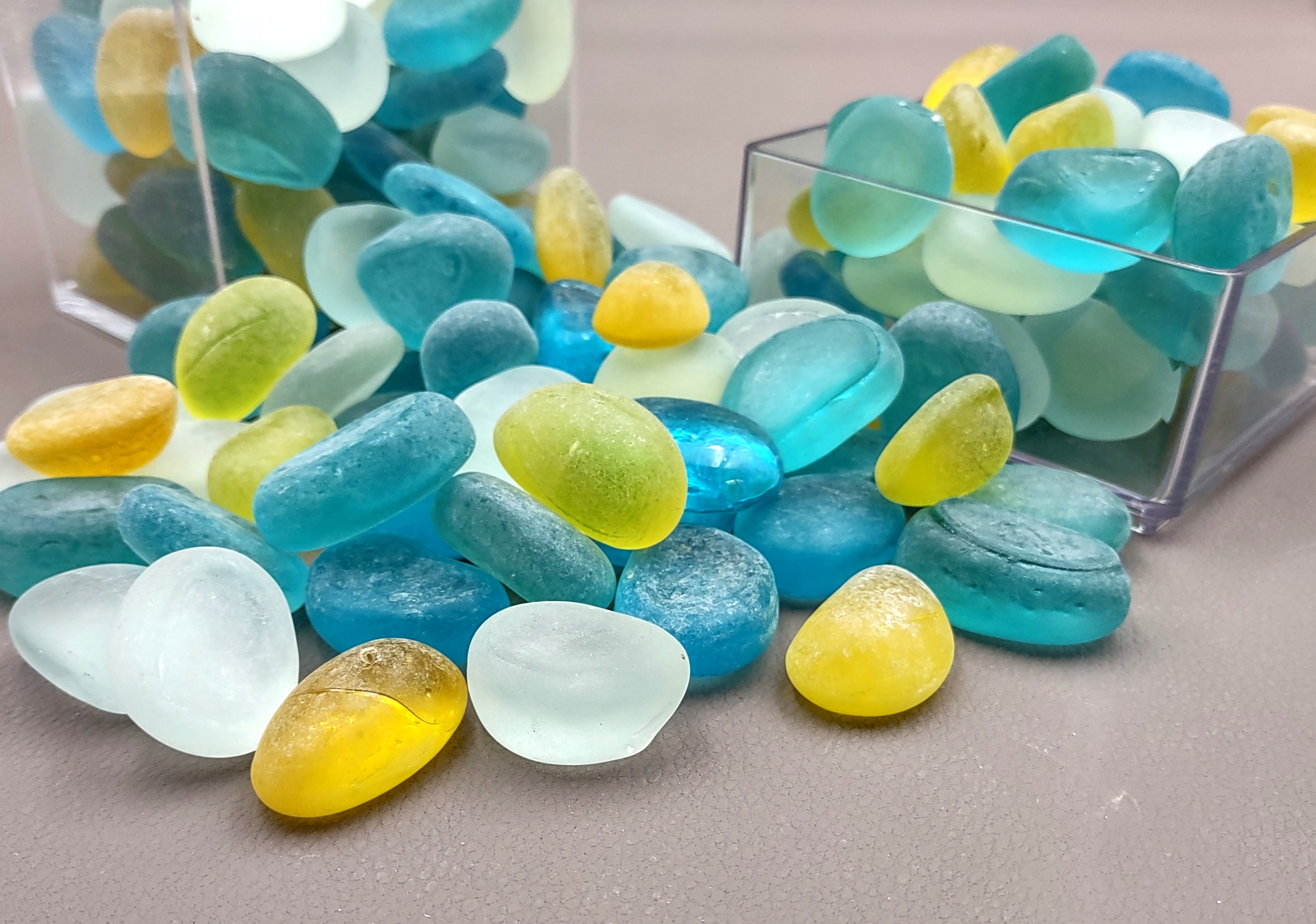 Beach Sea Glass Rounded Blue Yellow White Assorted Pebbles (approx. 1  Kilogram or 2.2 lbs. 1-1.5 inches) Man Made Tumbled Frosted Glass!