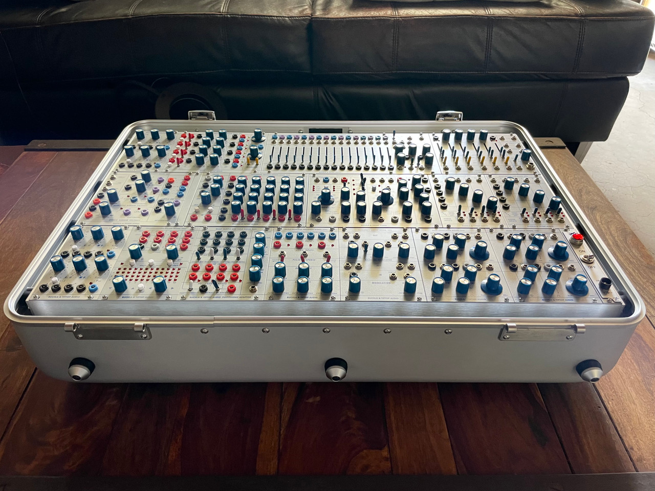 Buchla Tiptop 200t series with BPNYC ZERO Halliburton Eurorack Modular Travel Case NOS SILVER 122hp 9U