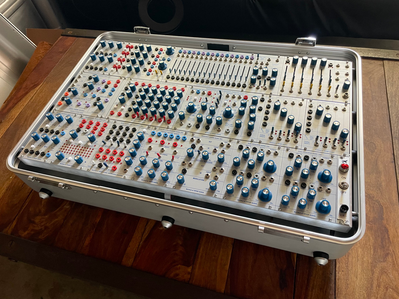 Buchla Tiptop 200t series with BPNYC ZERO Halliburton Eurorack Modular Travel Case NOS SILVER 122hp 9U