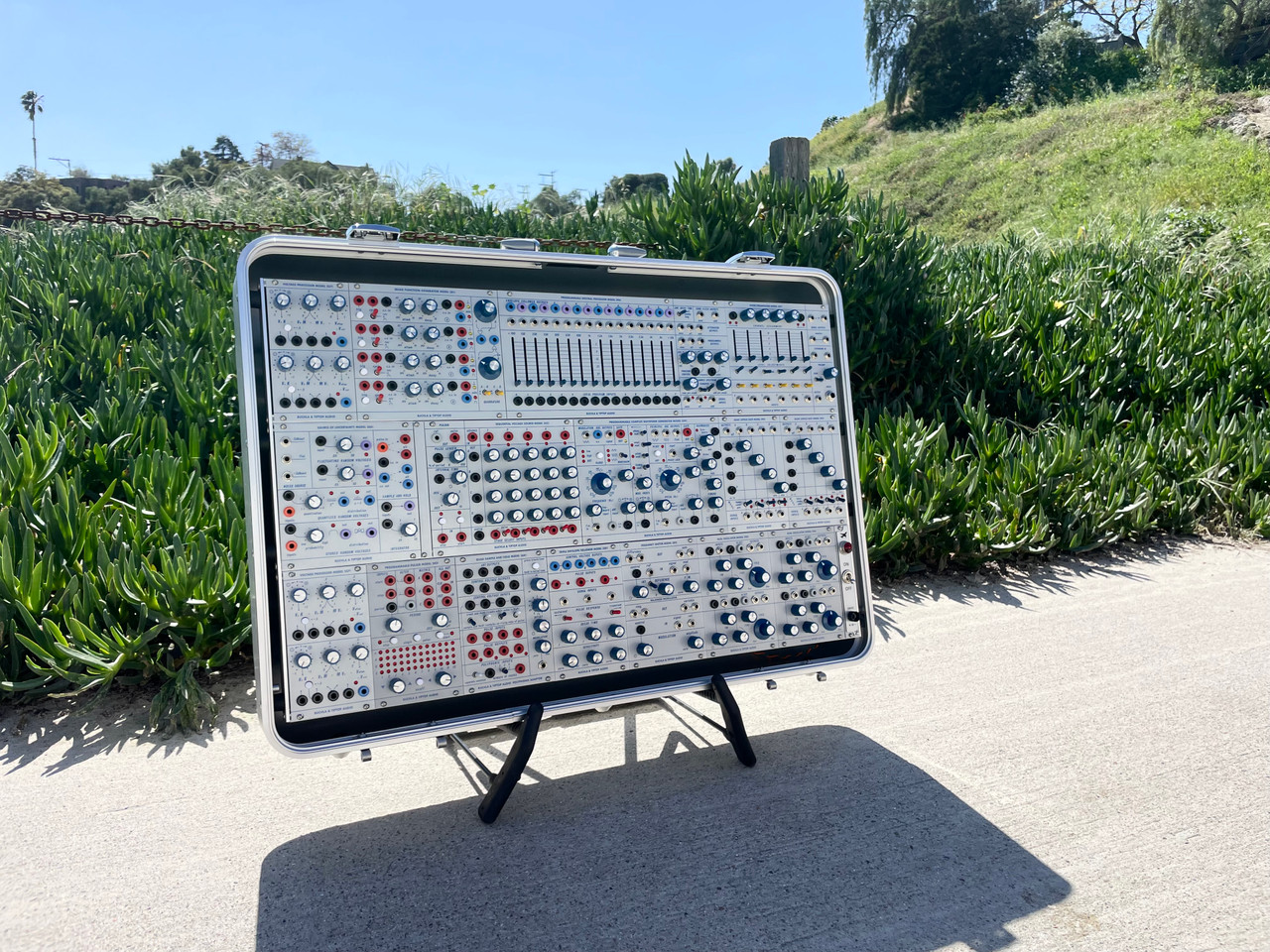 Buchla Tiptop 200t series with BPNYC ZERO Halliburton Eurorack Modular Travel Case NOS SILVER 122hp 9U