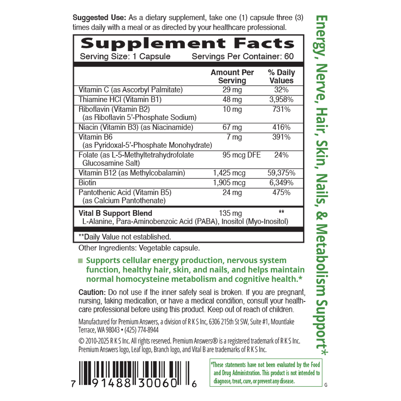 Vital B + High B12, Thiamine HCL B1, & Biotin 60 Vegetarian Capsules Premium Answers