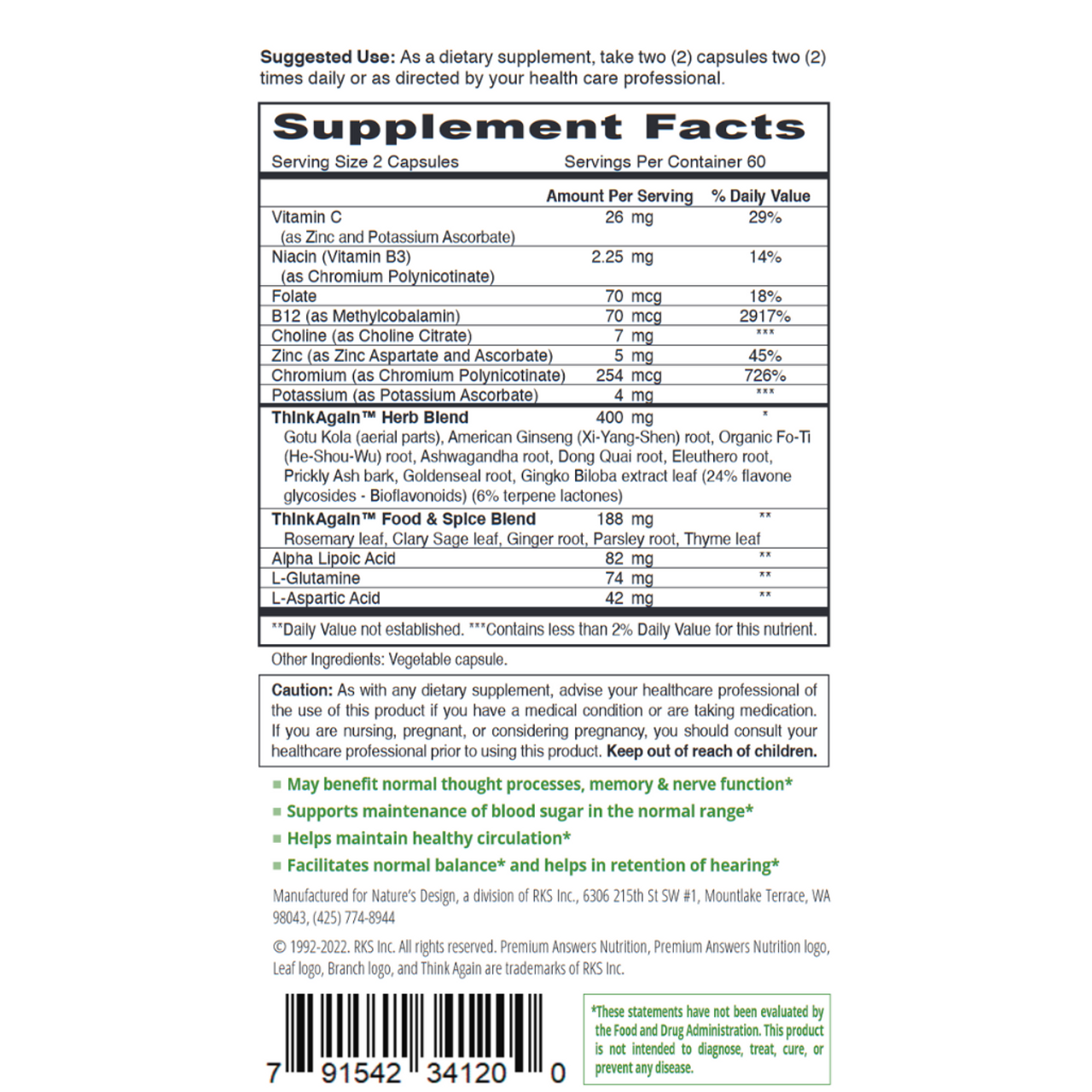 ThinkAgain 120 Vegetarian Capsules Premium Nutrition