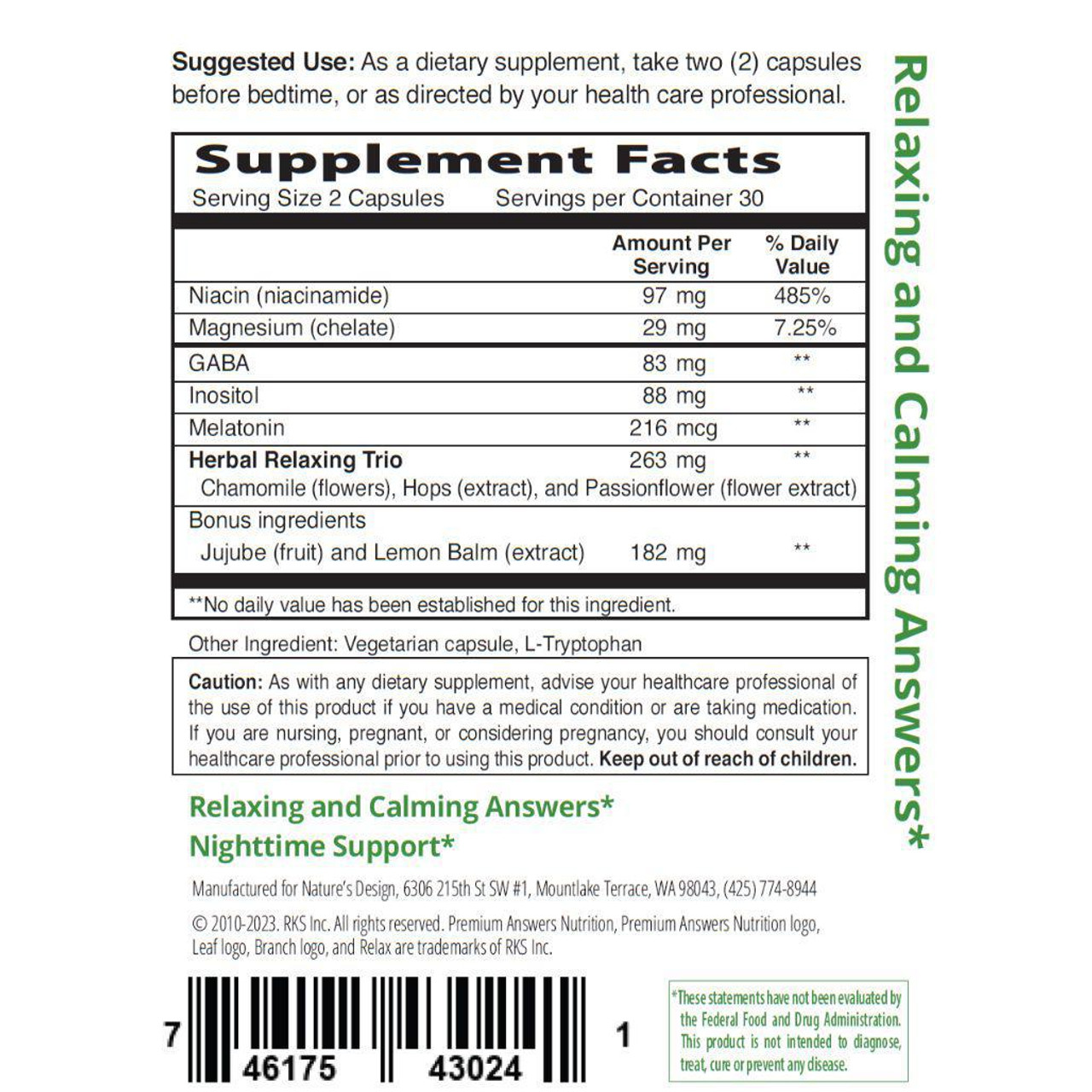 Relax Nighttime Brain Support 60 Vegetarian Capsules Premium Nutrition