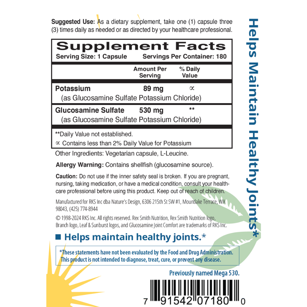 Glucosamine Joint Comfort 180 Vegetarian Capsules Rex Smith Nutrition
