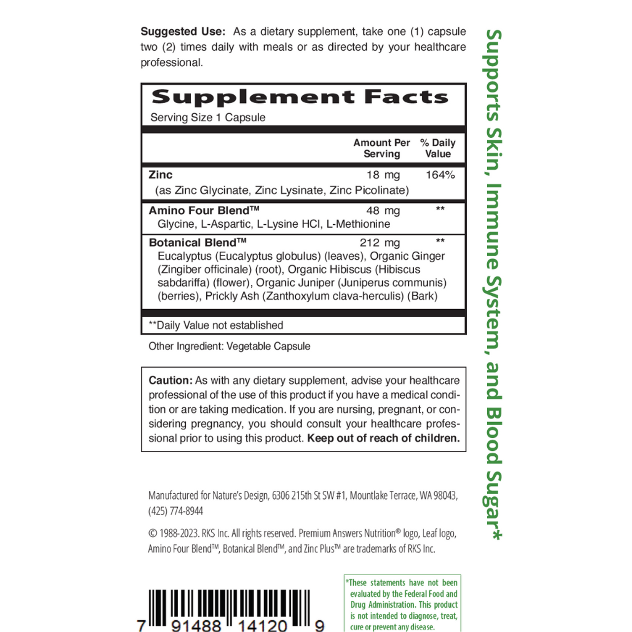 Zinc Plus 120 Vegetarian Capsules Premium Nutrition