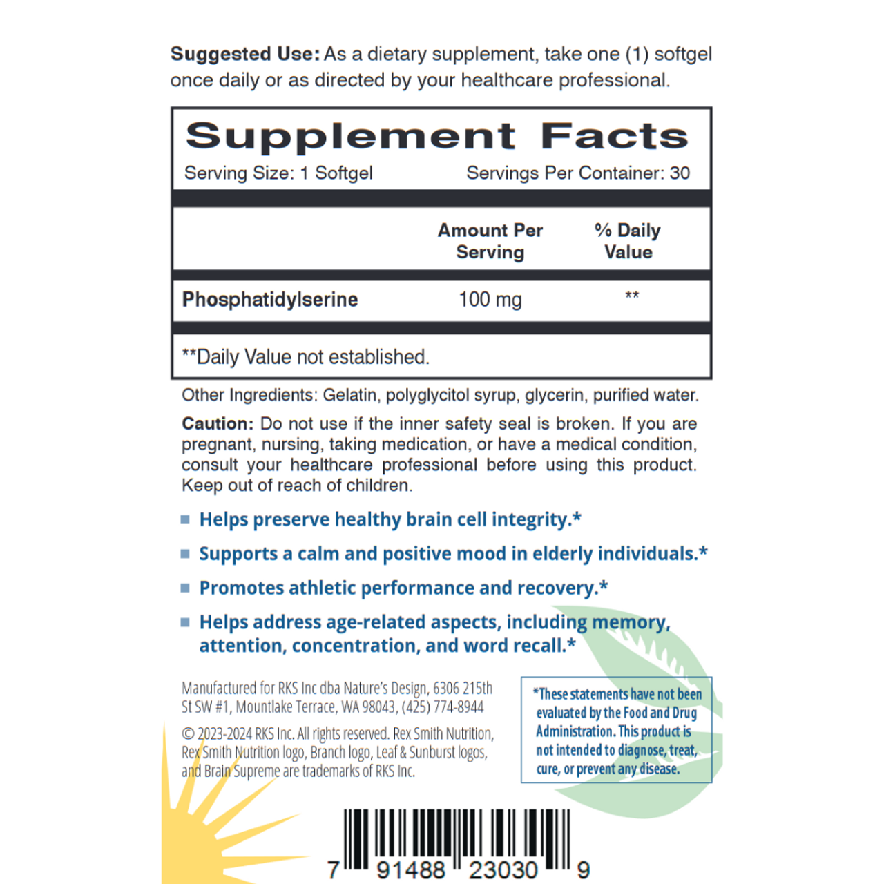 Brain Supreme Phosphatidylserine 100 mg 30 Softgels Rex Smith Nutrition