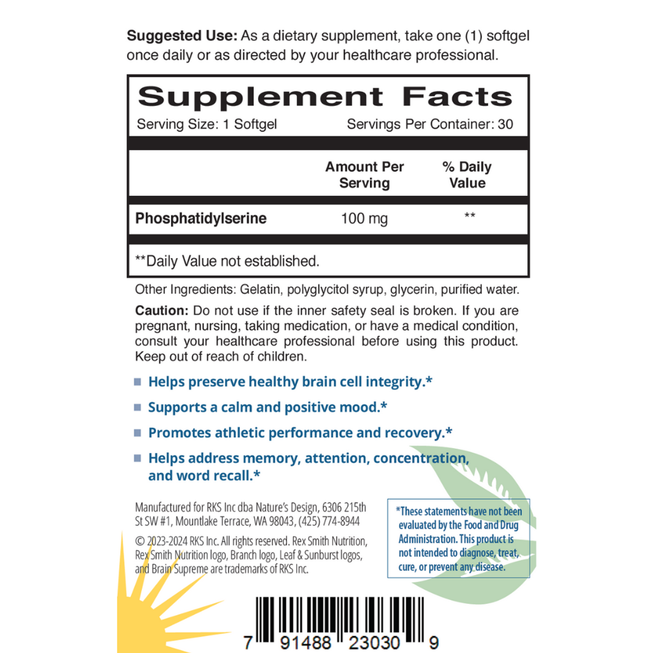 Brain Supreme Phosphatidylserine 100 mg 30 Softgels Rex Smith Nutrition