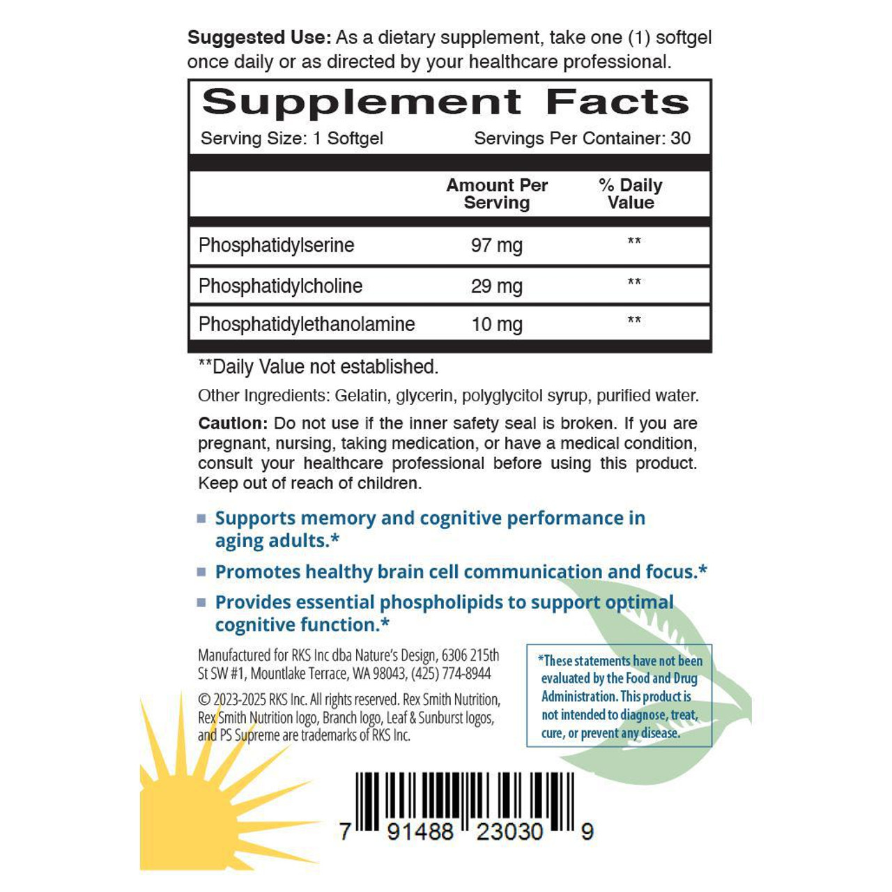 PS Supreme Phosphatidylserine 97 mg 30 Softgels Rex Smith Nutrition