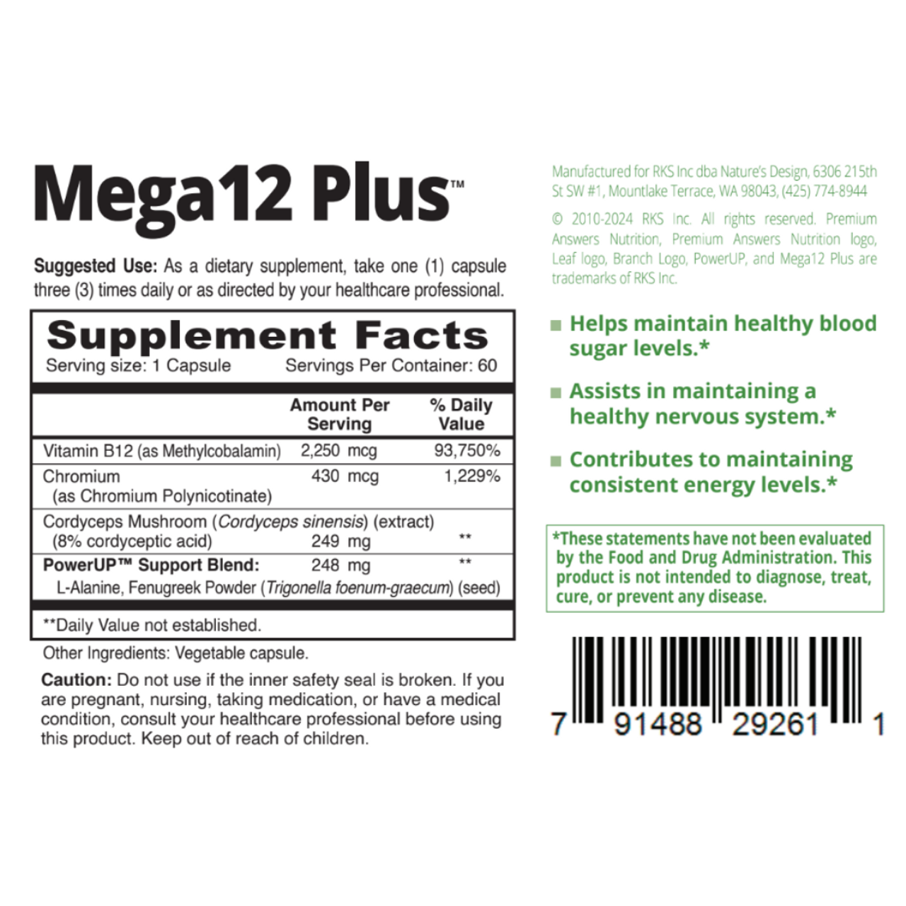 Mega12 Plus B12 + Chromium 60 Vegetarian Capsules Premium Nutrition