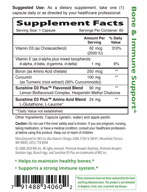 Sunshine D3 Plus 60 Capsules Premium Nutrition