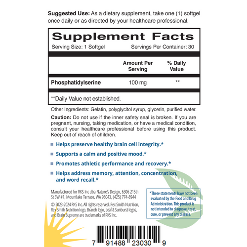 Brain Supreme Phosphatidylserine 100 mg 30 Softgels Rex Smith Nutrition