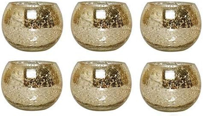 Set of 6 Silver Mercury Style Crackle Glass Tea Light Holders: