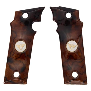 GRIPS, EDC X9 2.0, DESERT IRONWOOD BURL, FLAT BOTTOM, TWO-TONE MEDALLIONS, ONE of ONE