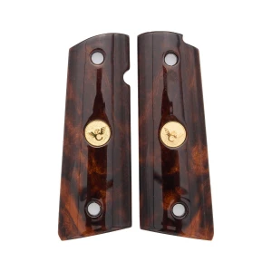 GRIPS, 1911, FULL-SIZE, DESERT IRONWOOD BURL, FLAT BOTTOM, GOLD MEDALLIONS, ONE of ONE
