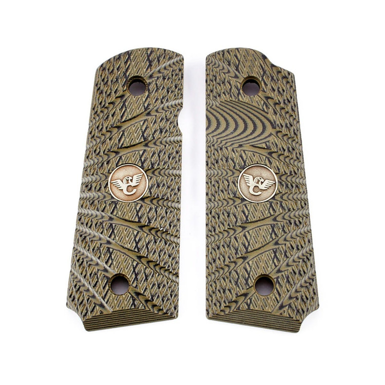 GRIPS, 1911, COMPACT, AGGRESSIVE STARBURST, G10, DIRTY OLIVE, BEVELED BOTTOM