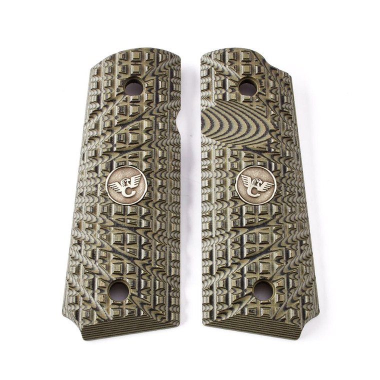 GRIPS, 1911, COMPACT, TRAK STARBURST, G10, DIRTY OLIVE, BEVELED BOTTOM