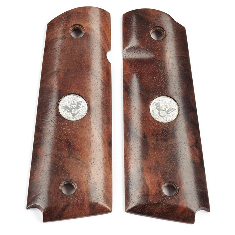 GRIPS, 1911, FULL-SIZE, SMOOTH, BURL WOOD, BEVELED BOTTOM, STERLING SILVER MEDALLION