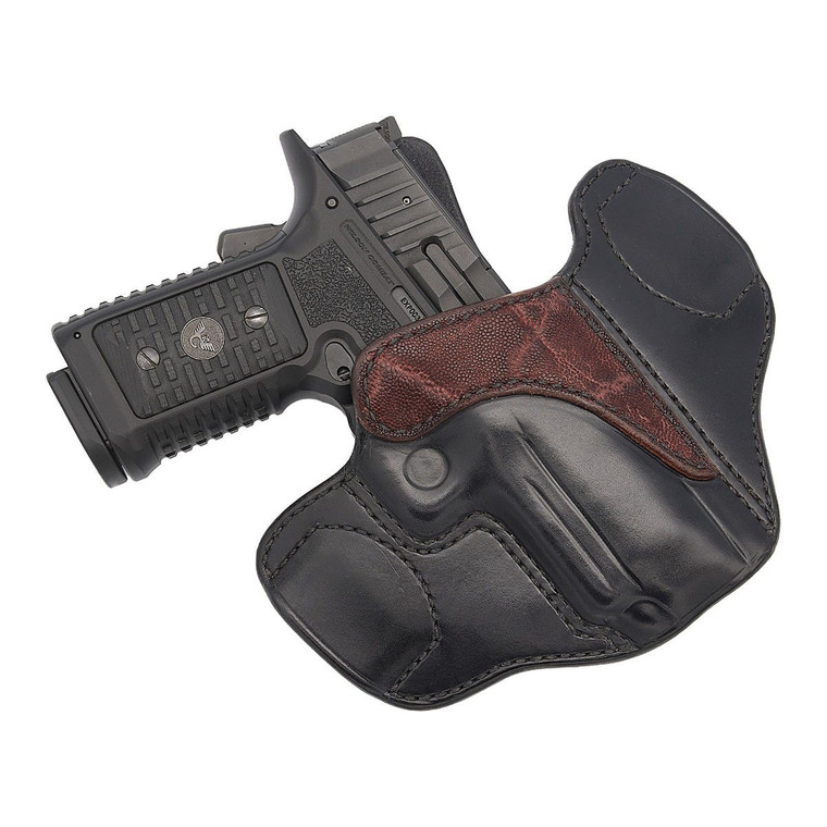 HOLSTER, BULWARK, LOW-PROFILE II, RIGHT HAND, 1.5" BELT, BLACK COWHIDE W/ CHERRY BROWN ELEPHANT TRIM