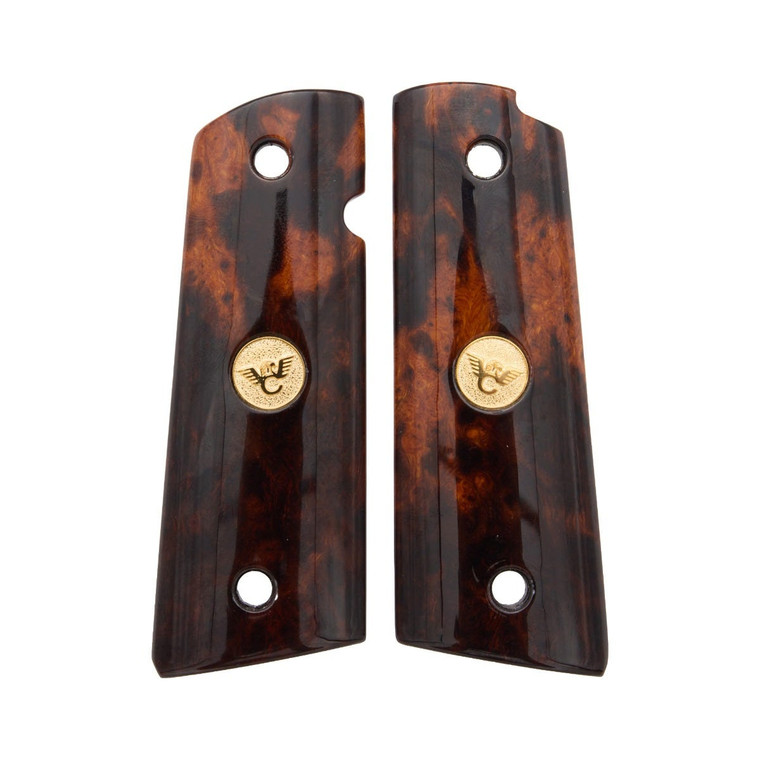 GRIPS, 1911, FULL-SIZE, DESERT IRONWOOD BURL, FLAT BOTTOM, GOLD MEDALLIONS, ONE of ONE