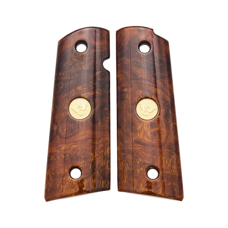 GRIPS, 1911, FULL-SIZE, DESERT IRONWOOD BURL, FLAT BOTTOM, GOLD MEDALLIONS, ONE of ONE