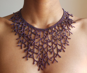 Purple Glass Bead Collar Necklace - Roots Waterfall Necklace Purple Glass Bead Collar Necklace - Roots Waterfall Necklace