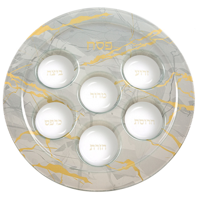 Seder plate - glass - white and gold design