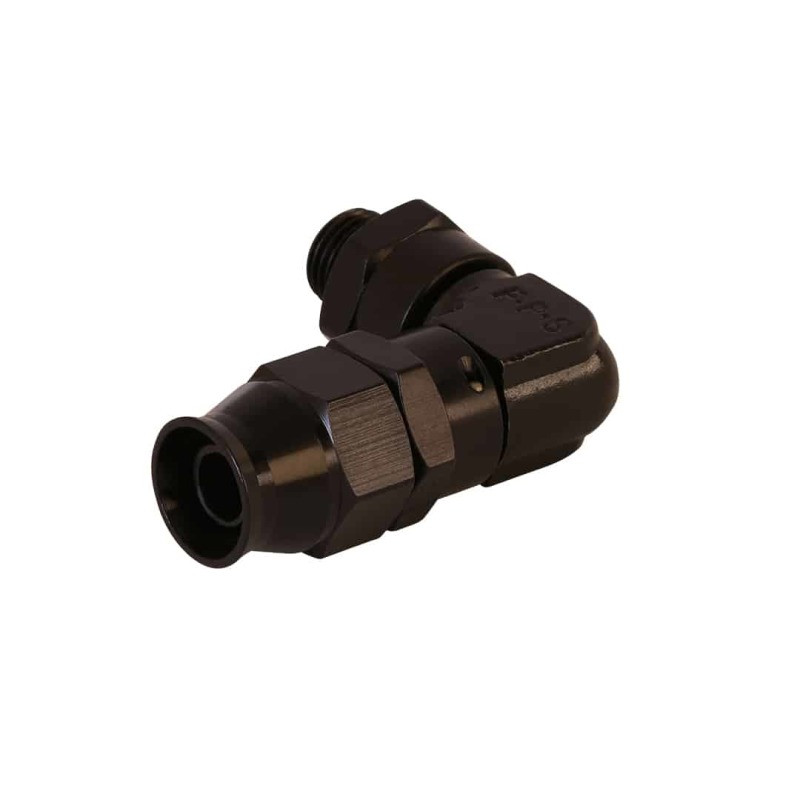 Aeromotive PTFE Hose End - AN-06 to AN-08 Hose - 90 Deg - Black Anodized - 15736 Photo - Close Up