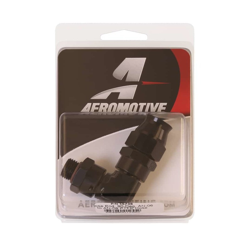 Aeromotive PTFE Hose End - AN-06 to AN-08 Hose - 90 Deg - Black Anodized - 15736 Photo - in package