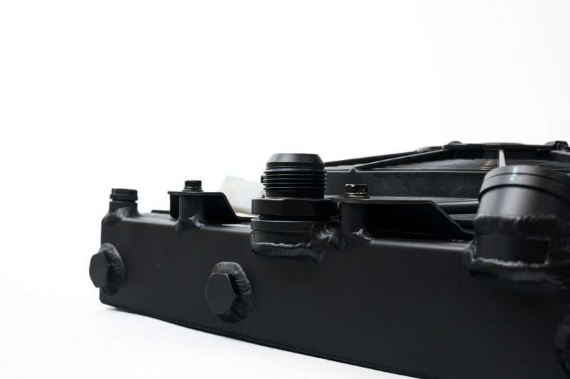 CSF Universal Half Radiator w/-16AN & Slip-On Fittings/12in SPAL Fan & Shroud - Black Finish - 2858XB Photo - Close Up