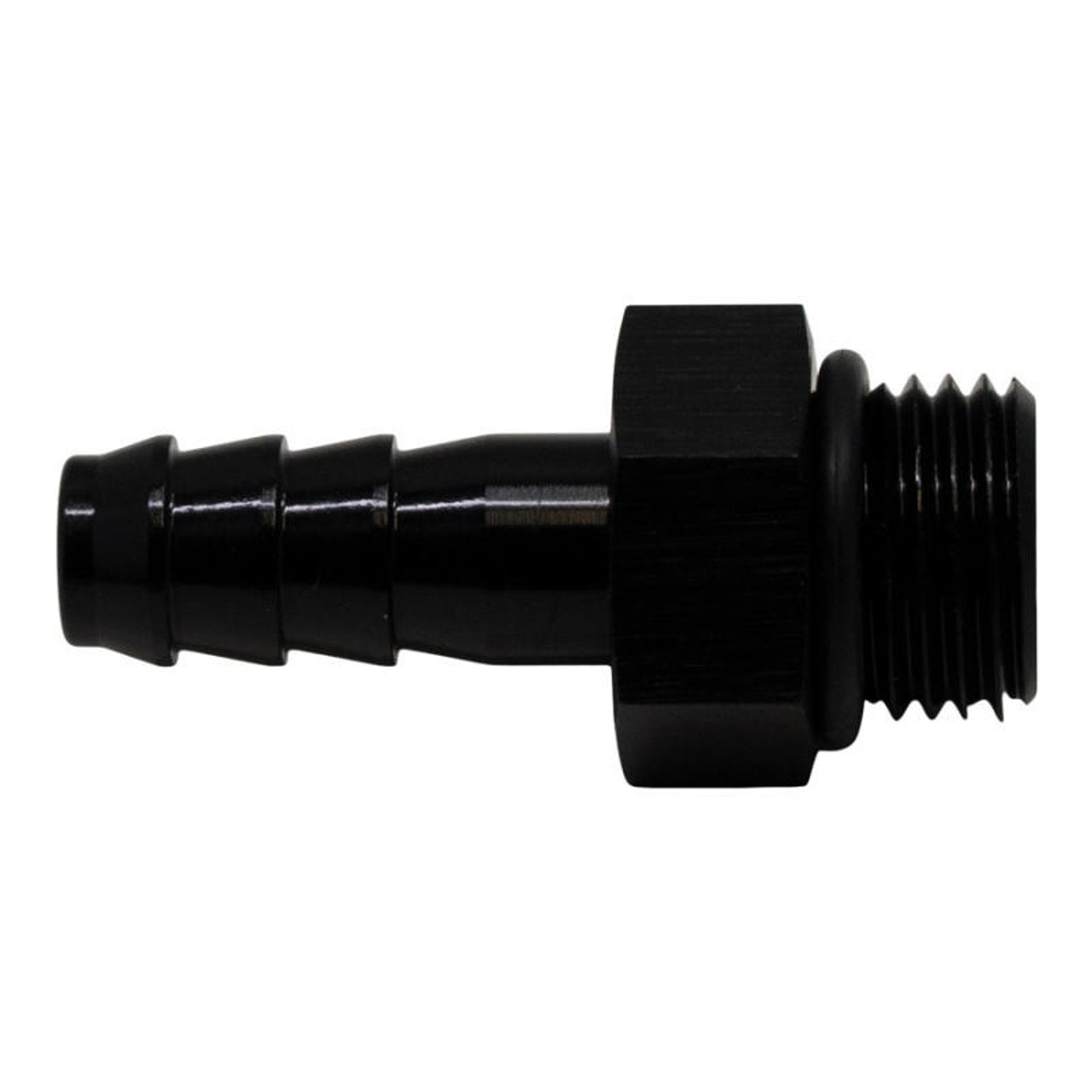 DeatschWerks 6AN ORB Male to 5/16in Male Triple Barb Fitting Incl O-Ring - Anodized Matte Black - 6-02-0502-B