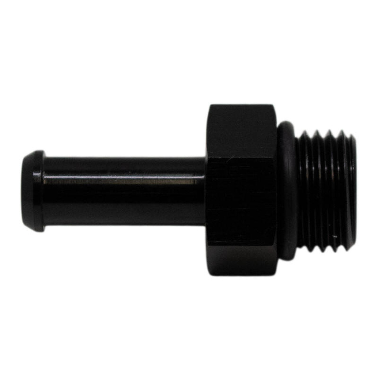 DeatschWerks 6AN ORB Male to 5/16in Male Barb Fitting Incl O-Ring - Anodized Matte Black - 6-02-0505-B