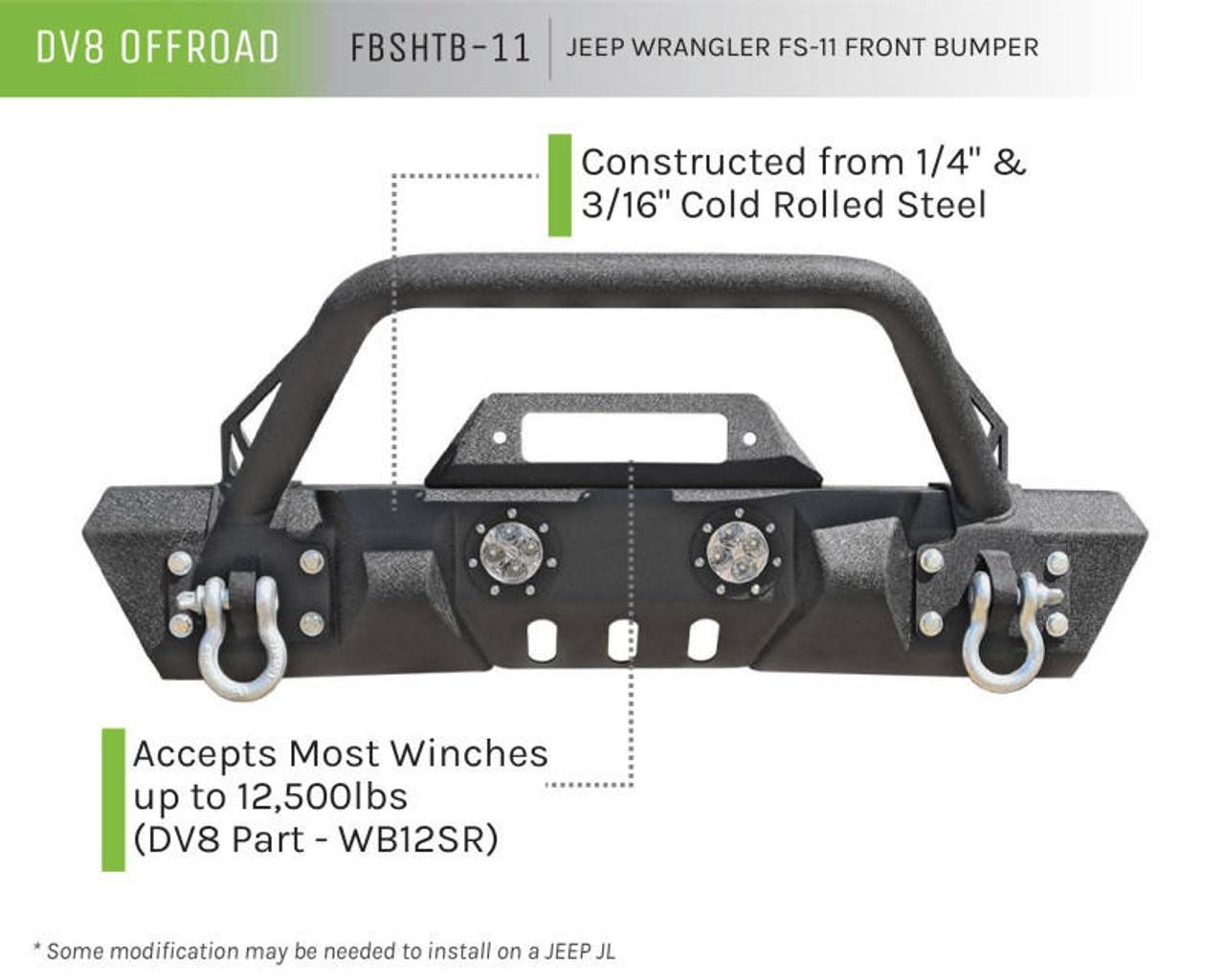  DV8 Offroad 07-18 Jeep Wrangler JK/JL FS-11 Stubby Mid Length Steel Front Bumper w/ Winch Plate - FBSHTB-11 