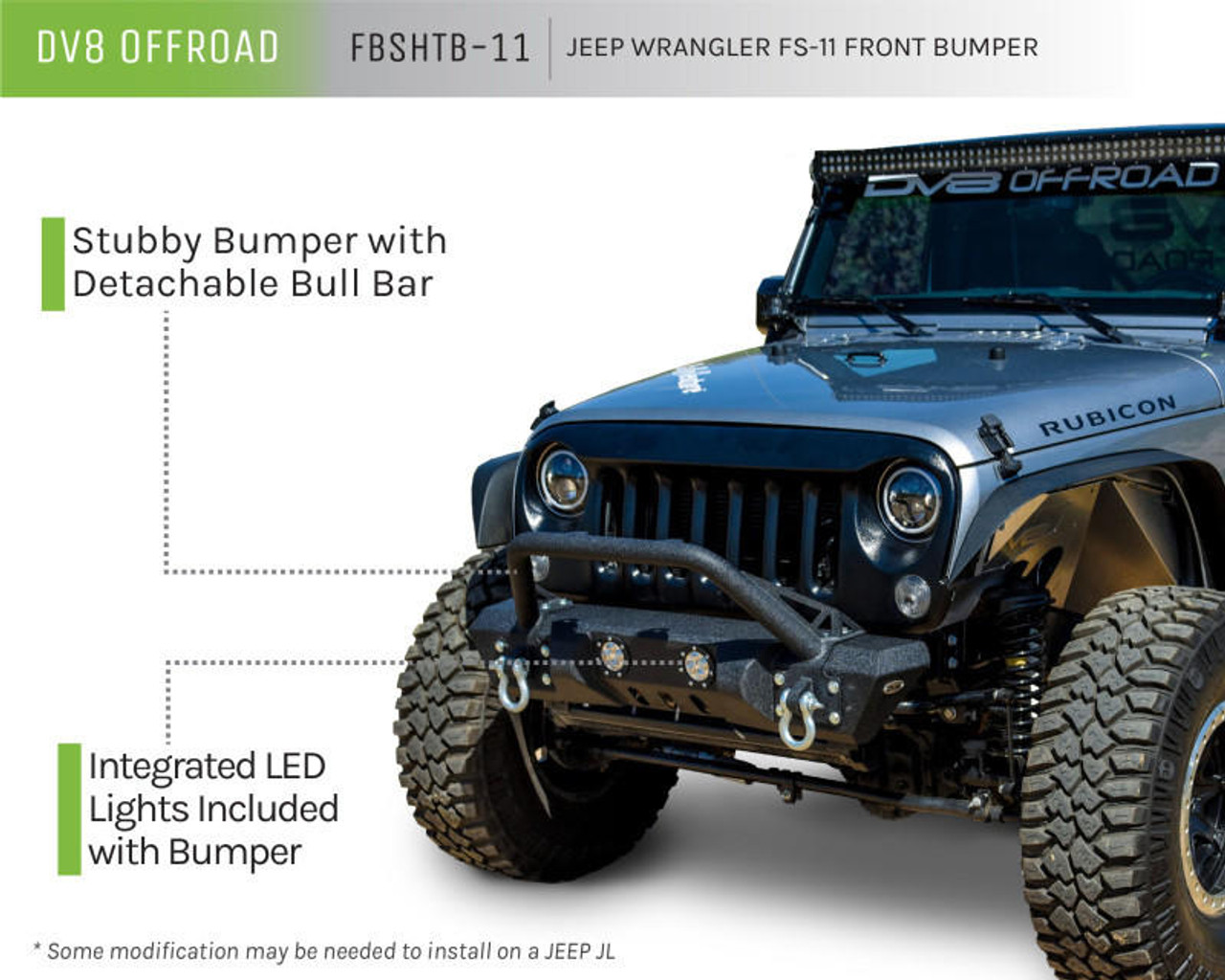  DV8 Offroad 07-18 Jeep Wrangler JK/JL FS-11 Stubby Mid Length Steel Front Bumper w/ Winch Plate - FBSHTB-11 