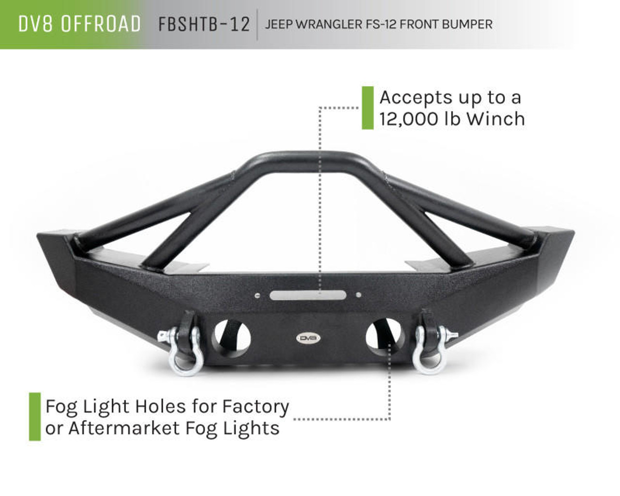  DV8 Offroad 07-18 Jeep Wrangler JK/JL FS-12 Mid Length Steel Front Bumper w/ Fog Lights - FBSHTB-12 