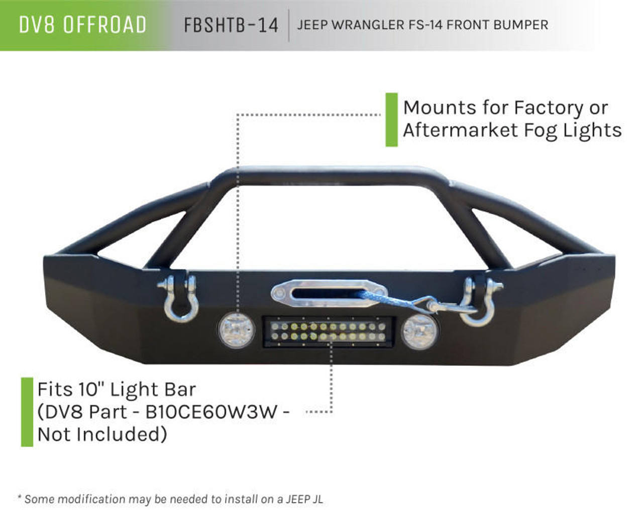  DV8 Offroad 07-18 Jeep Wrangler JK/JL FS-14 Mid Length Steel Front Bumper w/ Fog Lights & LED Lights - FBSHTB-14 