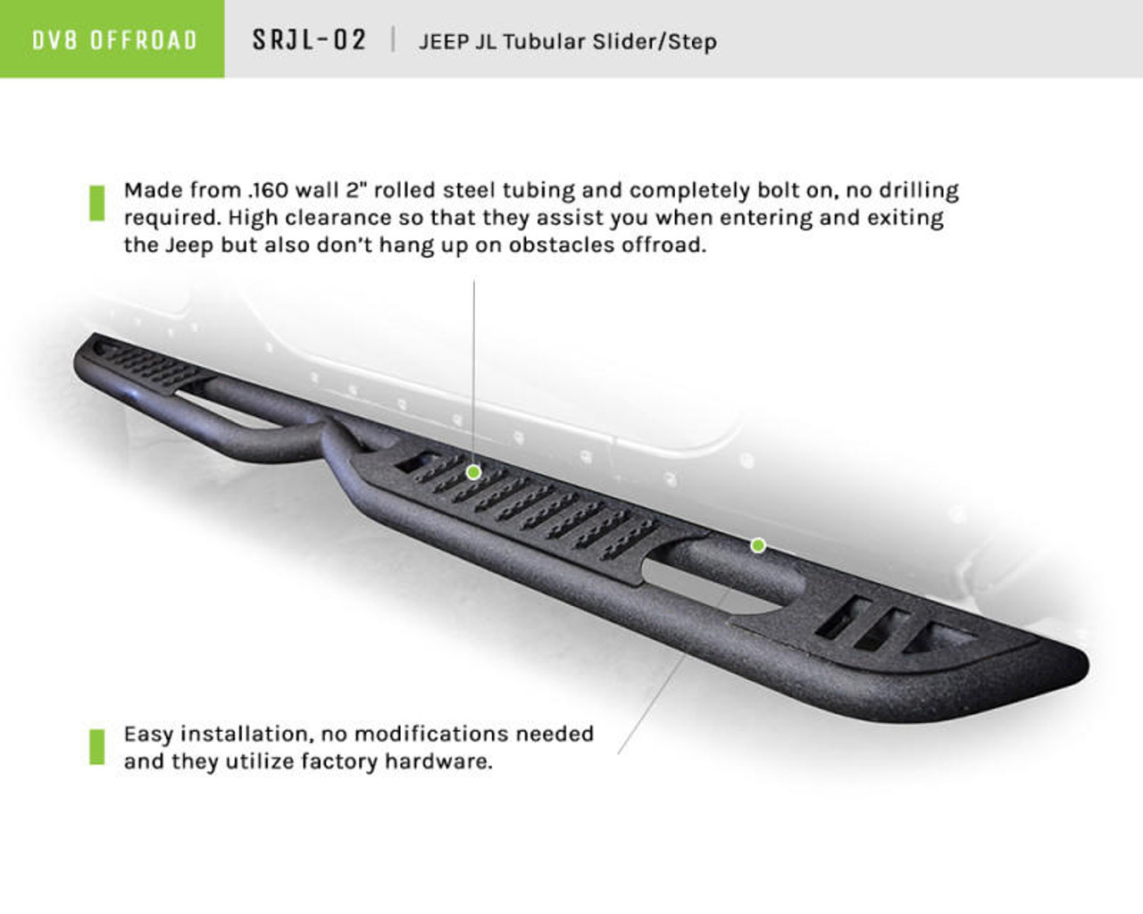  DV8 Offroad 2018+ Wrangler Jeep JL Tubular Rock Slider Step - SRJL-02 