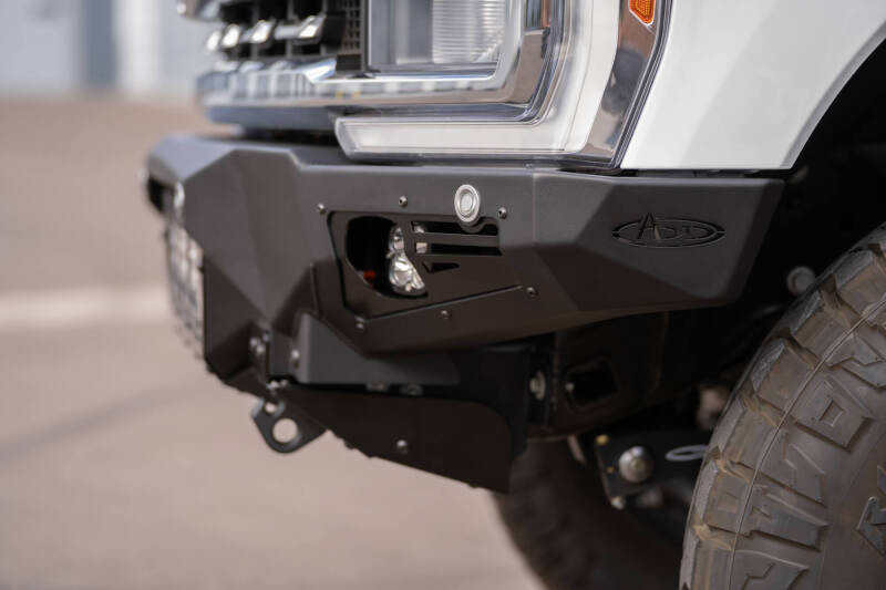 Addictive Desert Designs 2023+ Ford F-250/F-350 Bomber Front Bumper (w/ 3 Baja Designs LP6 Mounts) - F810014100103 Photo - Mounted