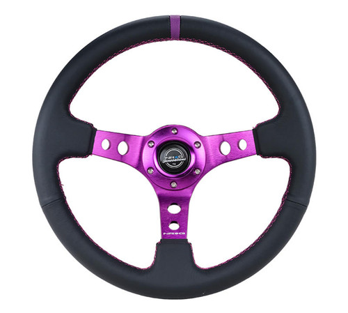 NRG NRG Reinforced Steering Wheel 350mm / 3in Deep Black Leather w/Purple Center and Purple Stitching - RST-006PP