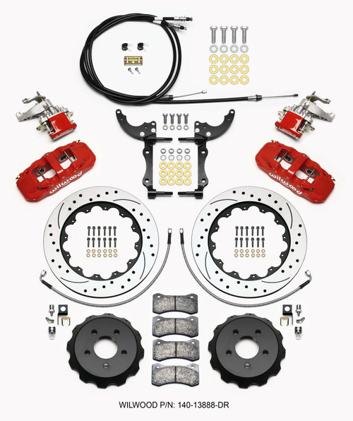 WilWood Wilwood AERO4 / MC4 Rear Kit 14.00 Drilled Red 2015-Up Mustang w/Lines and Cables - 140-13888-DR