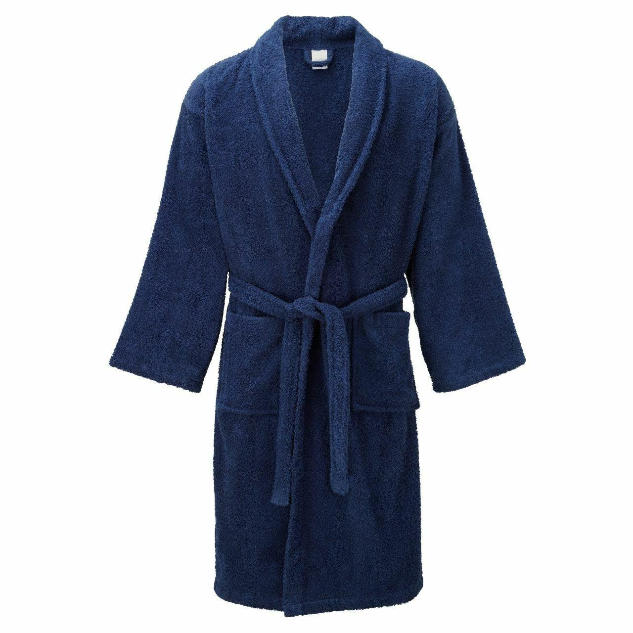 Egyptian Cotton Long Towel Dressing Gown Luxury Shawl Collar Navy