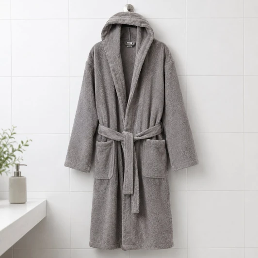 grey-egyptian-cotton-hooded-towelling-dressing-gown-hotel-bathroom  - Hooded
