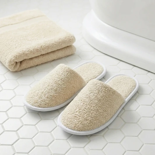 beige-terry-towelling-slippers-white-piping-hexagon-tile-bathroom