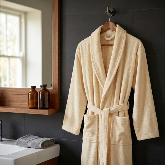 cream-terry-towelling-dressing-gown-hanging-dark-tiled-bathroom