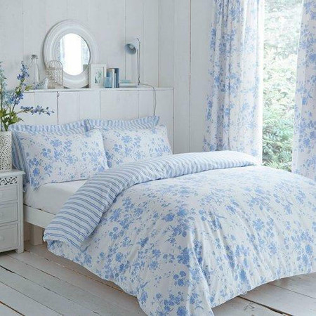 Polycotton Amelie Toile Printed Duvet Cover Set Blue Piped Polycotton Amelie Toile Printed Duvet Cover Set Blue Piped