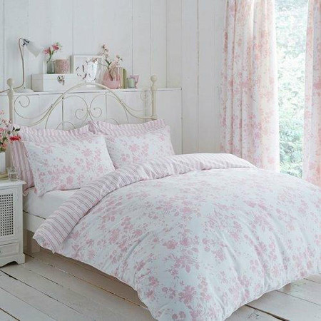 Polycotton Amelie Toile Printed Duvet Cover Set Pink Piped Polycotton Amelie Toile Printed Duvet Cover Set Pink Piped